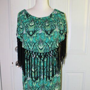 Curations Caravan Dress Women's L Small Fringe Stretch Maxi Festival Boho